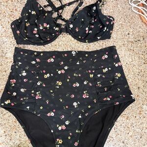 aerie Black Floral High-Waist Bikini Set